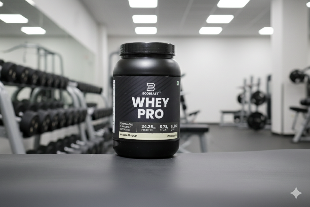 Whey protein supplement container on a table in a gym setting