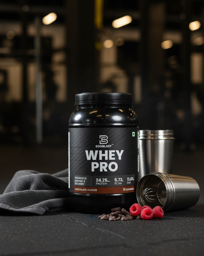 Whey protein supplement container with a scoop and berries on a gym floor background